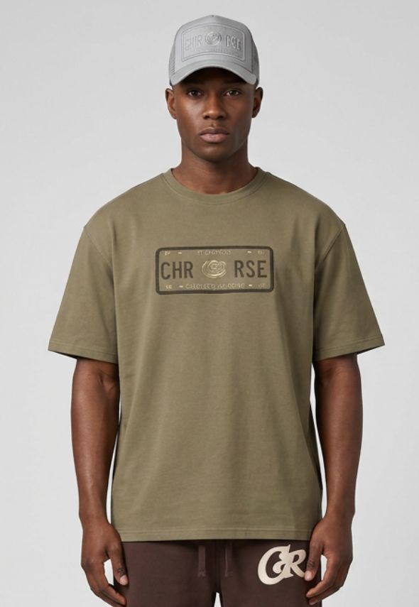 CHRISTIAN ROSE RHINESTONE KHAKI T-SHIRT