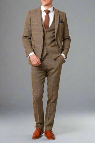 Marc Darcy TED - Tan Tweed Check Three Piece Suits with Single Breasted Waistcoat