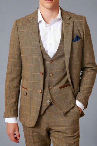 Marc Darcy TED - Tan Tweed Check Three Piece Suits with Single Breasted Waistcoat