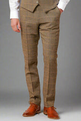 Marc Darcy TED - Tan Tweed Check Three Piece Suits with Single Breasted Waistcoat