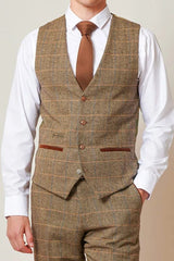 Marc Darcy TED - Tan Tweed Check Three Piece Suits with Single Breasted Waistcoat