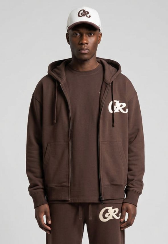 CHRISTIAN ROSE CR BROWN ZIP-UP HOODIE
