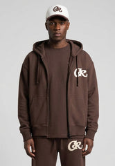 CHRISTIAN ROSE CR BROWN ZIP-UP HOODIE