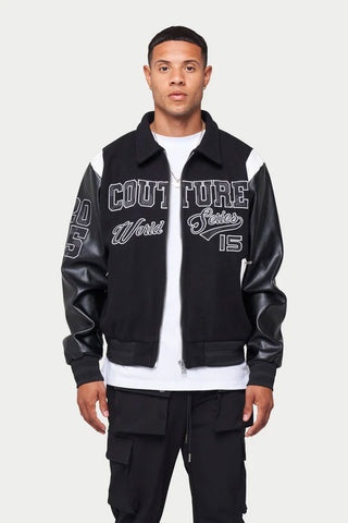 THE COUTURE CLUB CHECKERBOARD APPLIQUE VARSITY BOMBER - BLACK